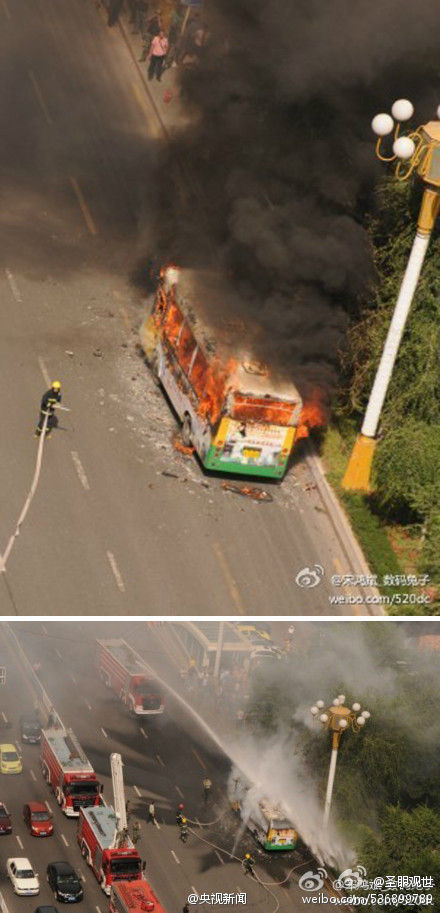 高清图—乌鲁木齐市光明路一辆528A路公交车发生燃烧